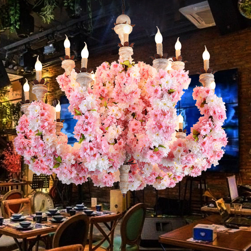 Candle Restaurant Chandelier Light Vintage Metal 15 Heads Pink Flower Pendant Lighting Fixture