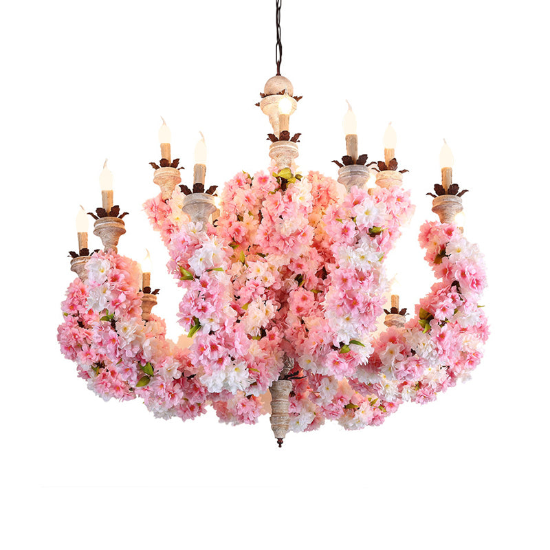 Candle Restaurant Chandelier Light Vintage Metal 15 Heads Pink Flower Pendant Lighting Fixture