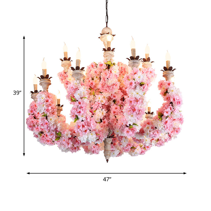 Candle Restaurant Chandelier Light Vintage Metal 15 Heads Pink Flower Pendant Lighting Fixture