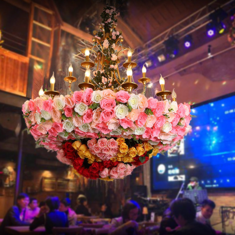 12 Lights Candle Chandelier Industrial Pink Flower Metal Pendant Light for Restaurant