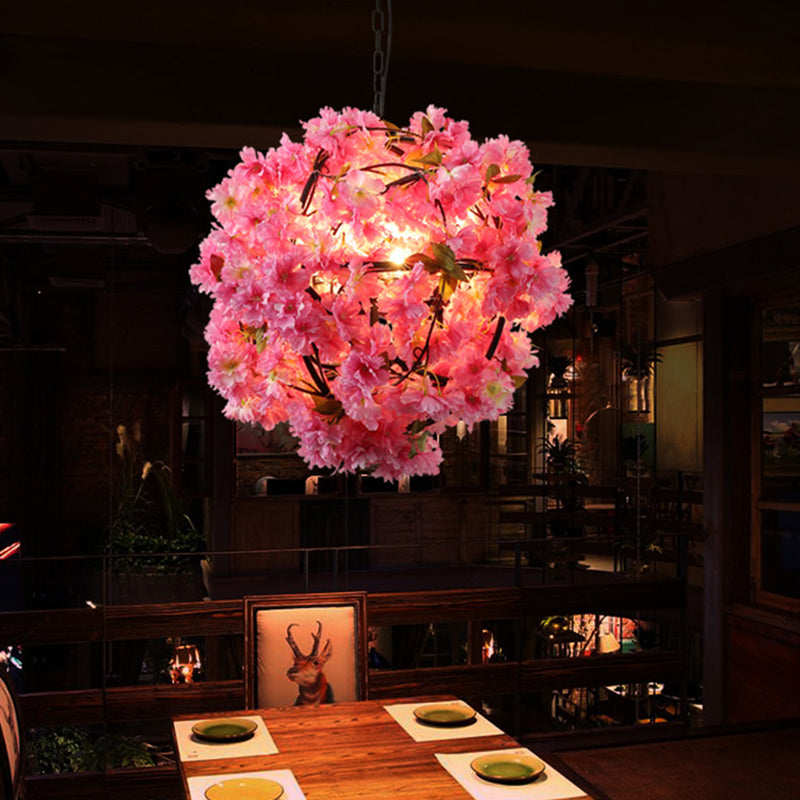 1 Bulb Flower Hanging Pendant Vintage Pink Metal LED Ceiling Hang Fixture for Restaurant