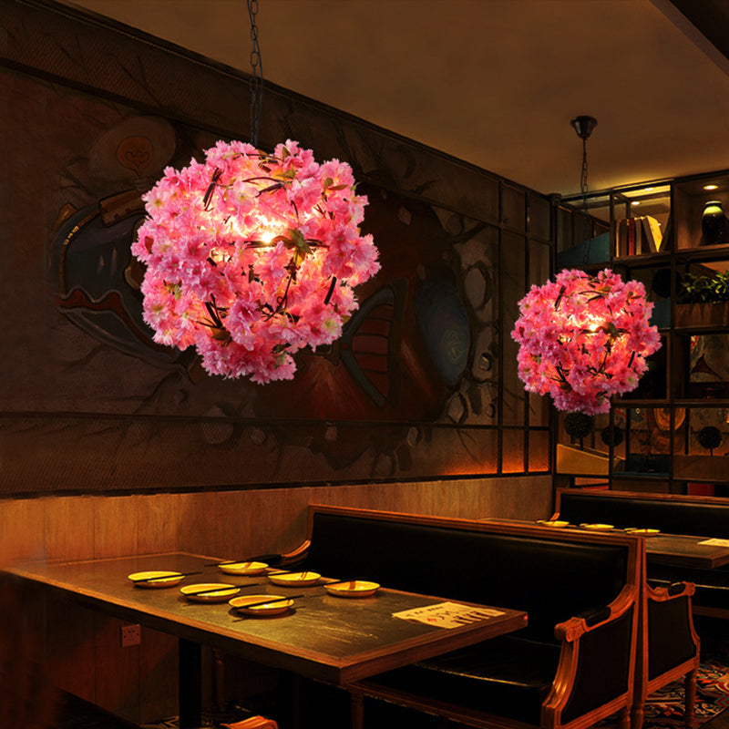 1 Bulb Flower Hanging Pendant Vintage Pink Metal LED Ceiling Hang Fixture for Restaurant