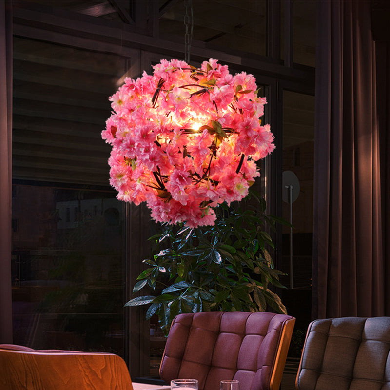 1 Bulb Flower Hanging Pendant Vintage Pink Metal LED Ceiling Hang Fixture for Restaurant