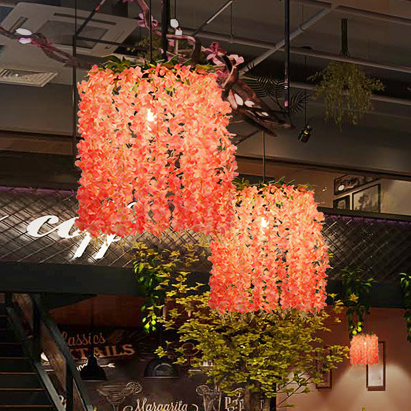 Floral Metal Suspension Pendant Antique 1 Head Restaurant LED Ceiling Light in Pink