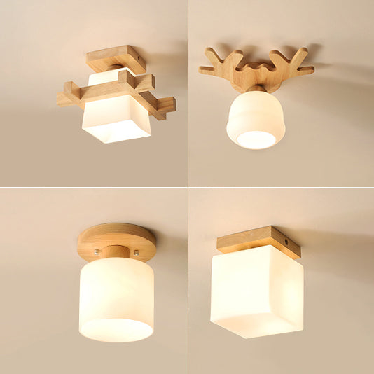 Wood Shaded Close to Ceiling Lighting Fixture Modern Natural Ceiling Mounted Light