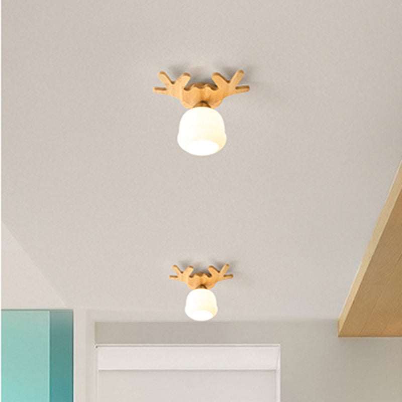 Wood Shaded Close to Ceiling Lighting Fixture Modern Natural Ceiling Mounted Light