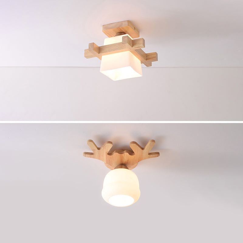 Wood Shaded Close to Ceiling Lighting Fixture Modern Natural Ceiling Mounted Light