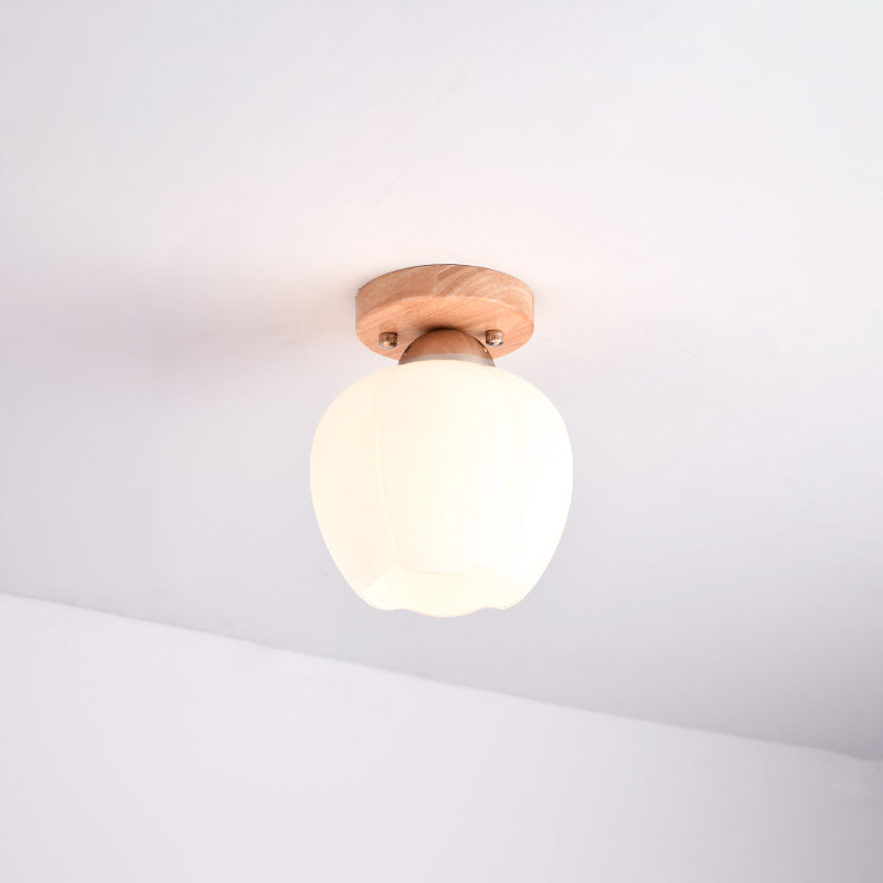 Wood Shaded Close to Ceiling Lighting Fixture Modern Natural Ceiling Mounted Light