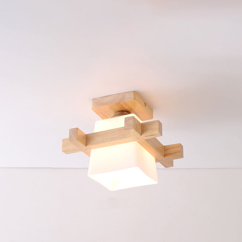 Wood Shaded Close to Ceiling Lighting Fixture Modern Natural Ceiling Mounted Light