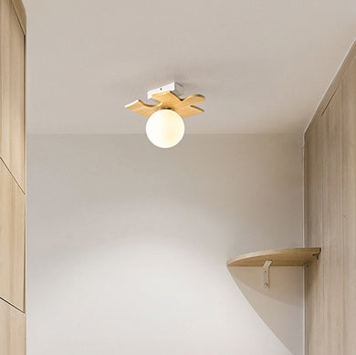 Wood Shaded Close to Ceiling Lighting Fixture Modern Natural Ceiling Mounted Light