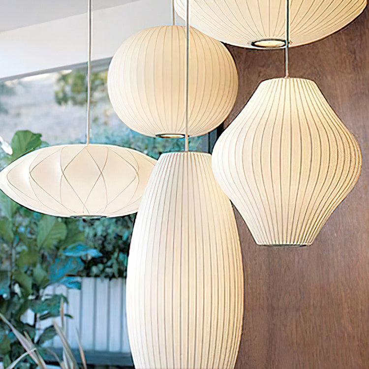 Minimalist Pendant Ceiling Light White Lantern Hanging Light Fixture with Fabric Shade