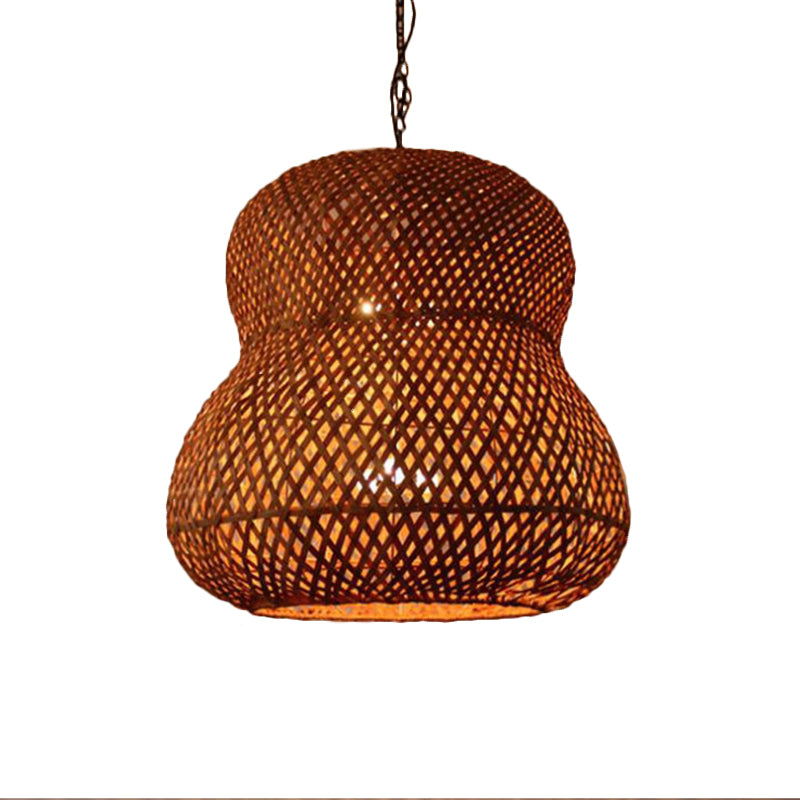 1 Bulb Gourd Ceiling Light Chinese Bamboo Suspended Lighting Fixture in Light Coffee