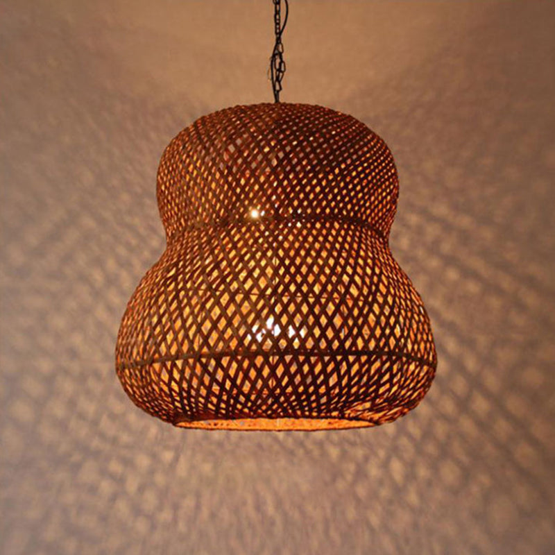 1 Bulb Gourd Ceiling Light Chinese Bamboo Suspended Lighting Fixture in Light Coffee