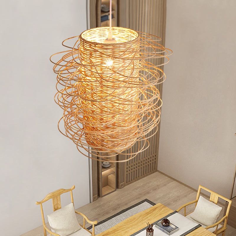 Illuminazione cilindrica giapponese lampada a sospensione del soffitto rattan 1 testa in beige