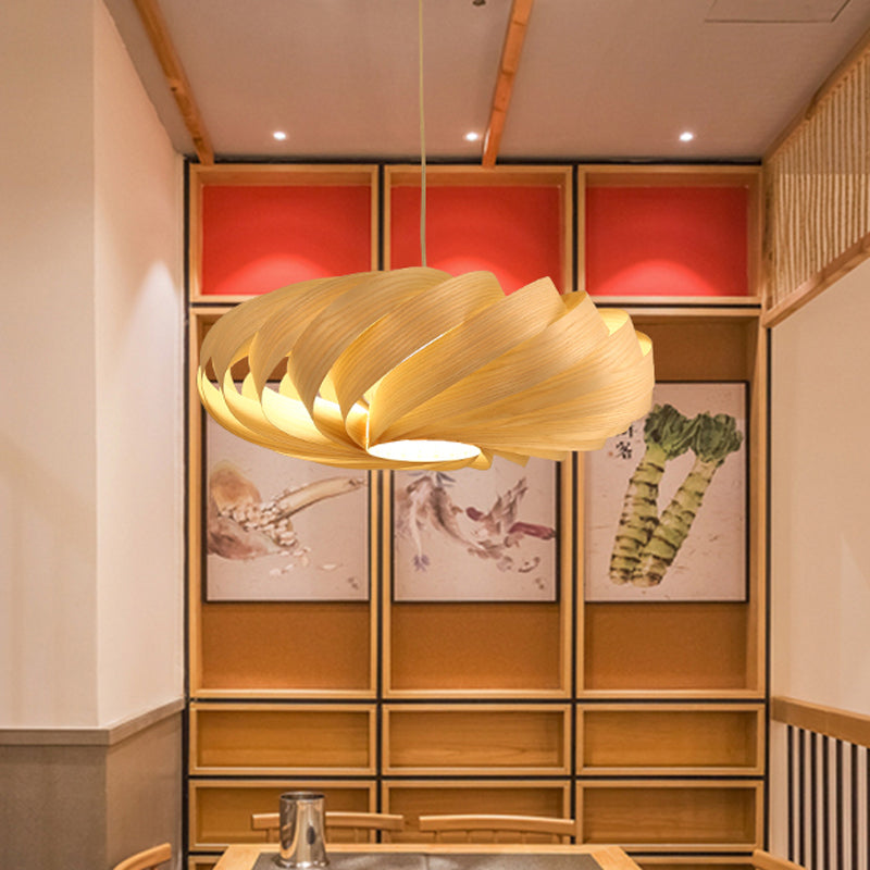 Swirl Wood Pendant Lighting Japanese 1 Head Beige Ceiling Suspension Lamp for Restaurant