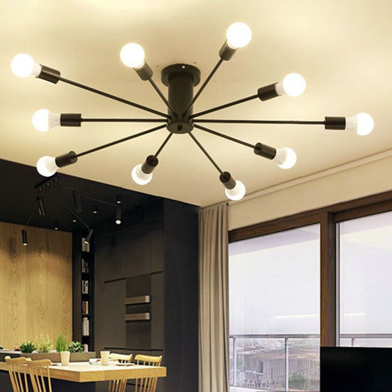 Industrial Classic Semi Flush Mount Wrought Iron Radial Ceiling Light for Interior Spaces