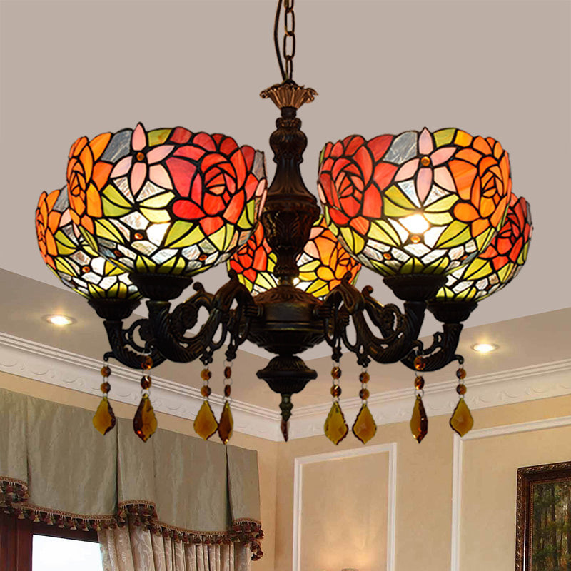 Tiffany Style Chandelier 5 Lights Stained Glass Hanging Light for Living Room