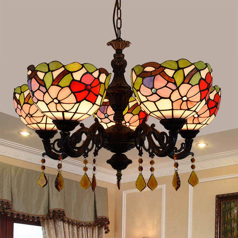 Tiffany Style Chandelier 5 Lights Stained Glass Hanging Light for Living Room