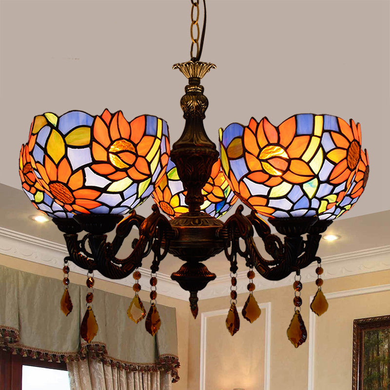 Tiffany Style Chandelier 5 Lights Stained Glass Hanging Light for Living Room