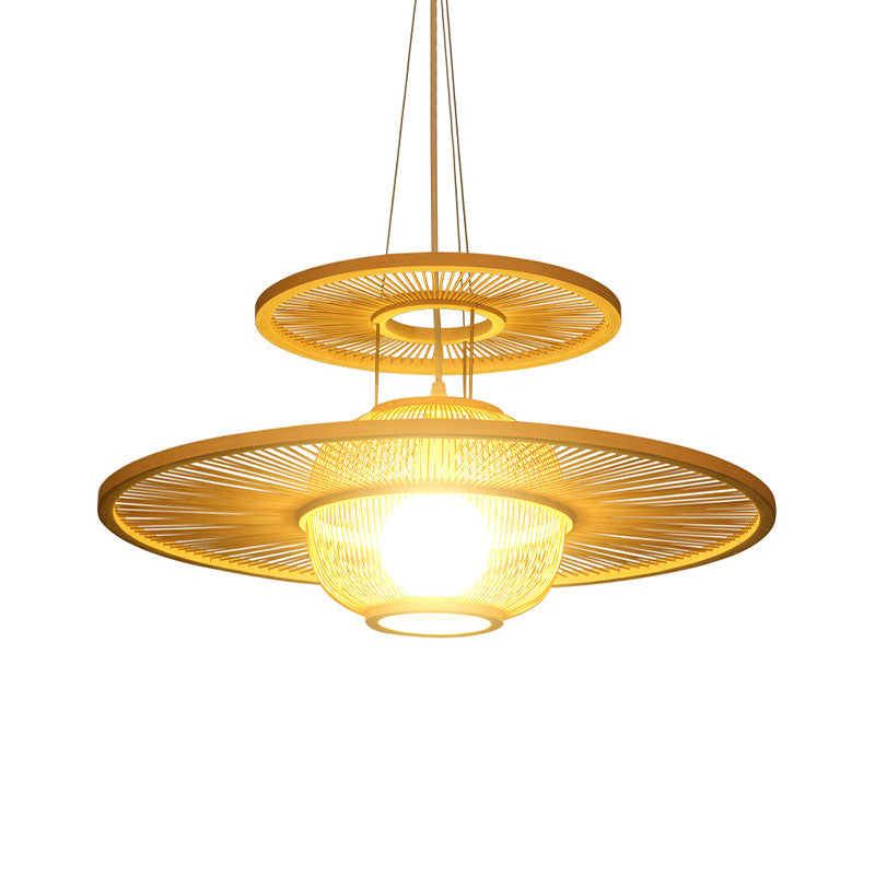 1 Head Restaurant Hanging Lamp Asian Beige Ceiling Pendant Light with Round Bamboo Shade