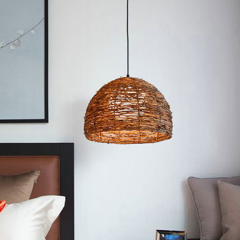 Dome Rattan Lampada del soffitto cinese 1 lampadina marrone lampada sospesa con sfera di vetro bianco