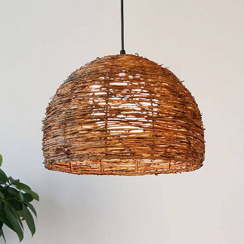 Dome Rattan Lampada del soffitto cinese 1 lampadina marrone lampada sospesa con sfera di vetro bianco