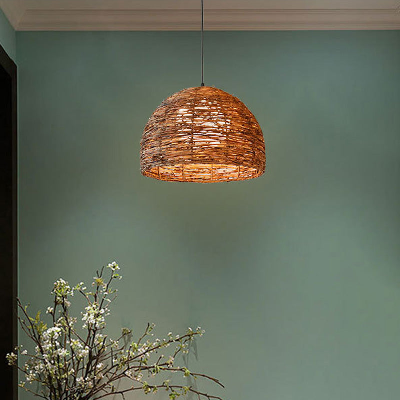 Dome Rattan Lampada del soffitto cinese 1 lampadina marrone lampada sospesa con sfera di vetro bianco