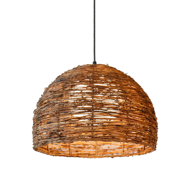 Dome Rattan Lampada del soffitto cinese 1 lampadina marrone lampada sospesa con sfera di vetro bianco