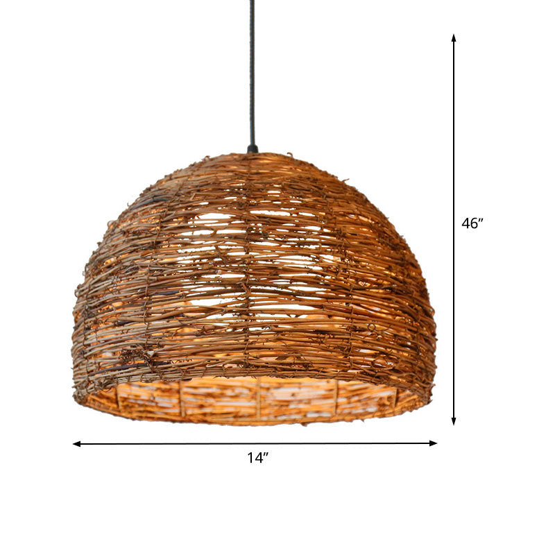 Dome Rattan Lampada del soffitto cinese 1 lampadina marrone lampada sospesa con sfera di vetro bianco