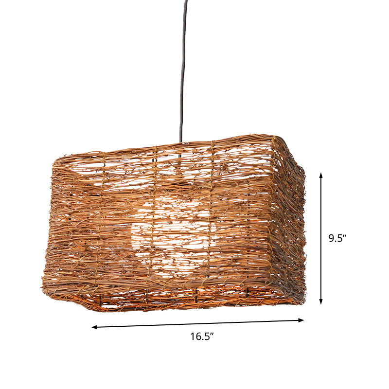 Cinese 1 Bulb Lampada sospesa rettangolo marrone Apparecchio di illuminazione a sospensione con tonalità rattan