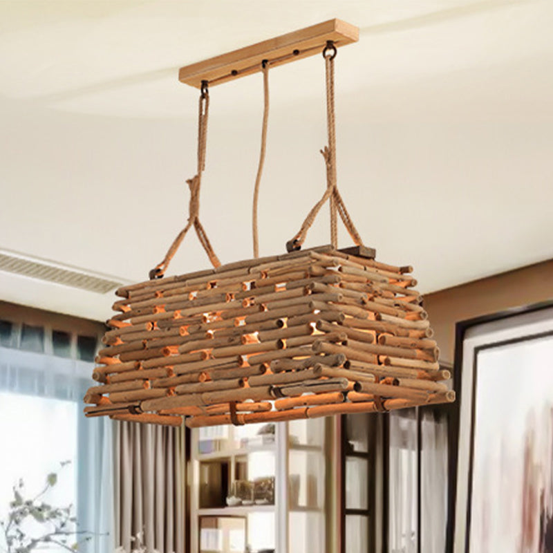 Pendre trapézoïde japonais Bois de lustre 3 têtes suspendues plafond plafond en marron pour salle à manger