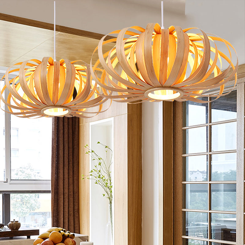 BEIGE Pumpkin Hanging Light Chinese 1 Testa a sospensione in legno Apparecchiatura per il ristorante