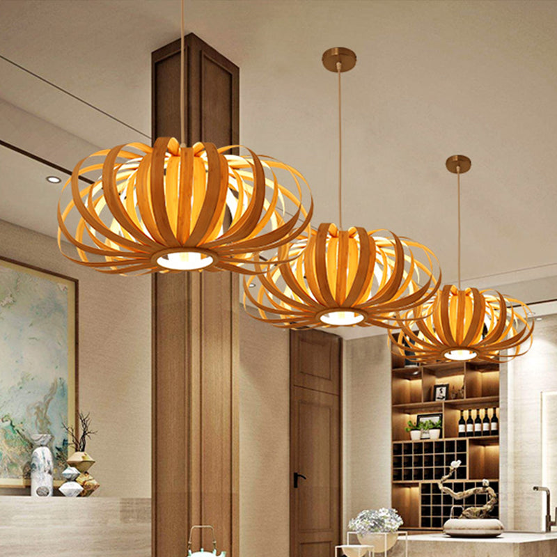 BEIGE Pumpkin Hanging Light Chinese 1 Testa a sospensione in legno Apparecchiatura per il ristorante