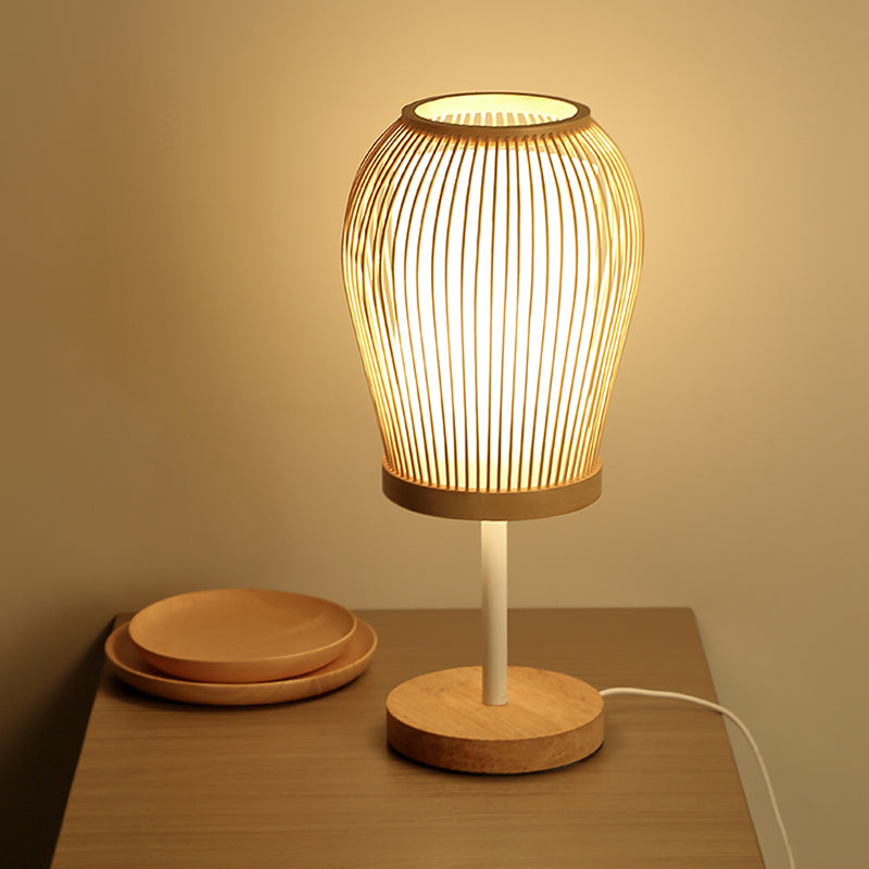 Japanese 1 Head Task Lighting Beige Curved Desk Lamp with Bamboo Shade for Bedside