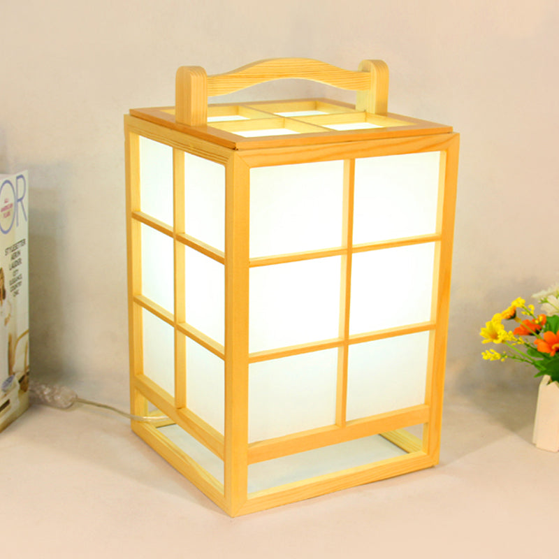 Japanese Rectangular Small Desk Lamp Wood 1 Bulb Task Lighting in Beige with Handle