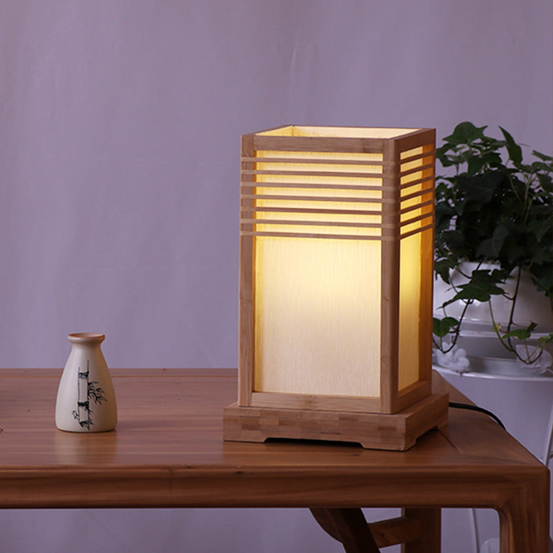 Japanese 1 Bulb Task Lighting Beige Rectangular Small Desk Lamp with Wood Shade