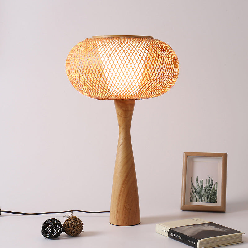 1 tête d'éclairage de tâche artisanal à la main Aian lampe de bureau en bambou en beige avec base en bois évasé