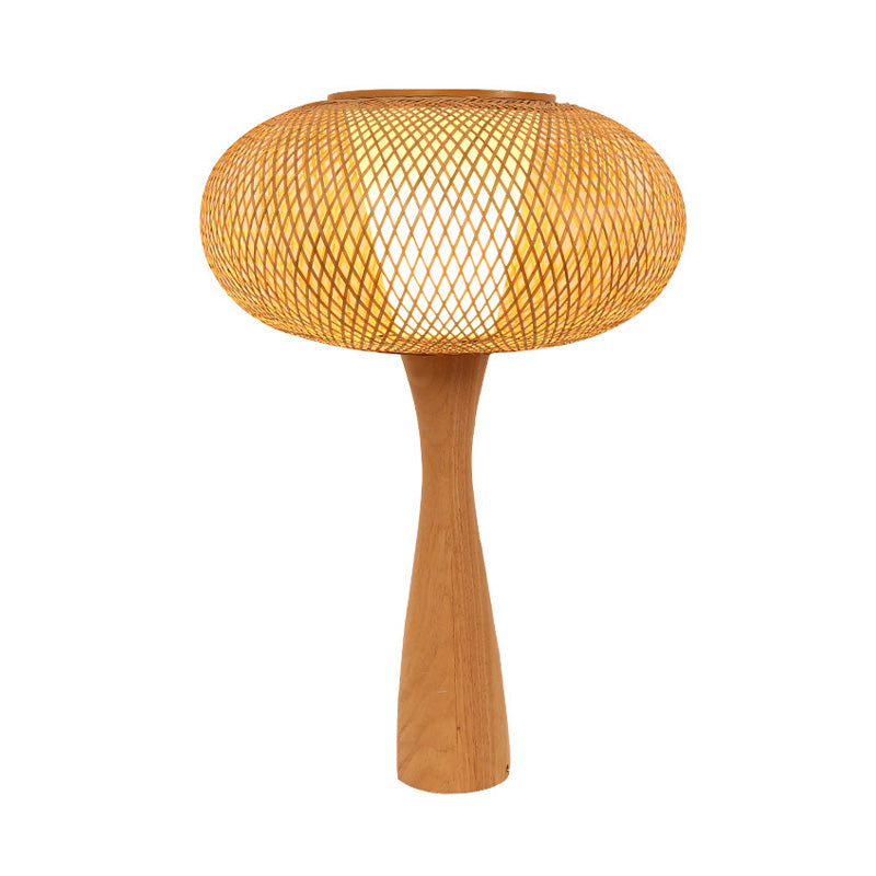 1 tête d'éclairage de tâche artisanal à la main Aian lampe de bureau en bambou en beige avec base en bois évasé