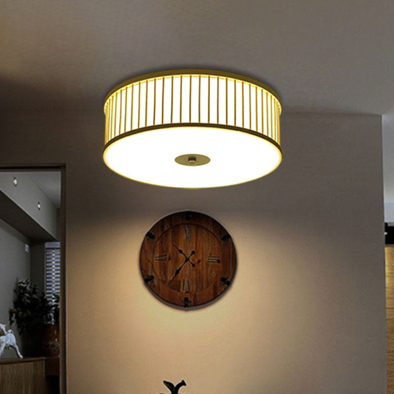 LED Cylinder Flush Mount Japanese Bamboo Ceiling Mounted Light in Beige for Dining Room