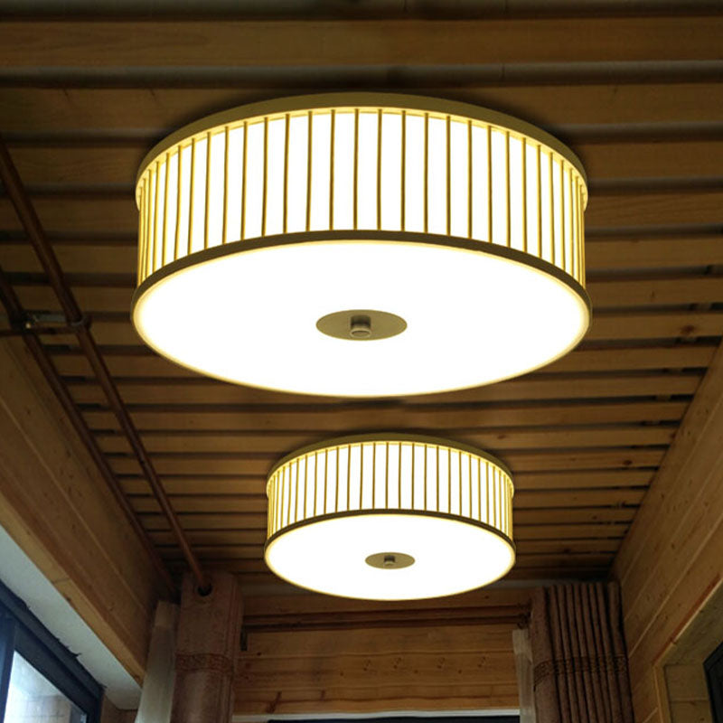 LED Cylinder Flush Mount Japanese Bamboo Ceiling Mounted Light in Beige for Dining Room