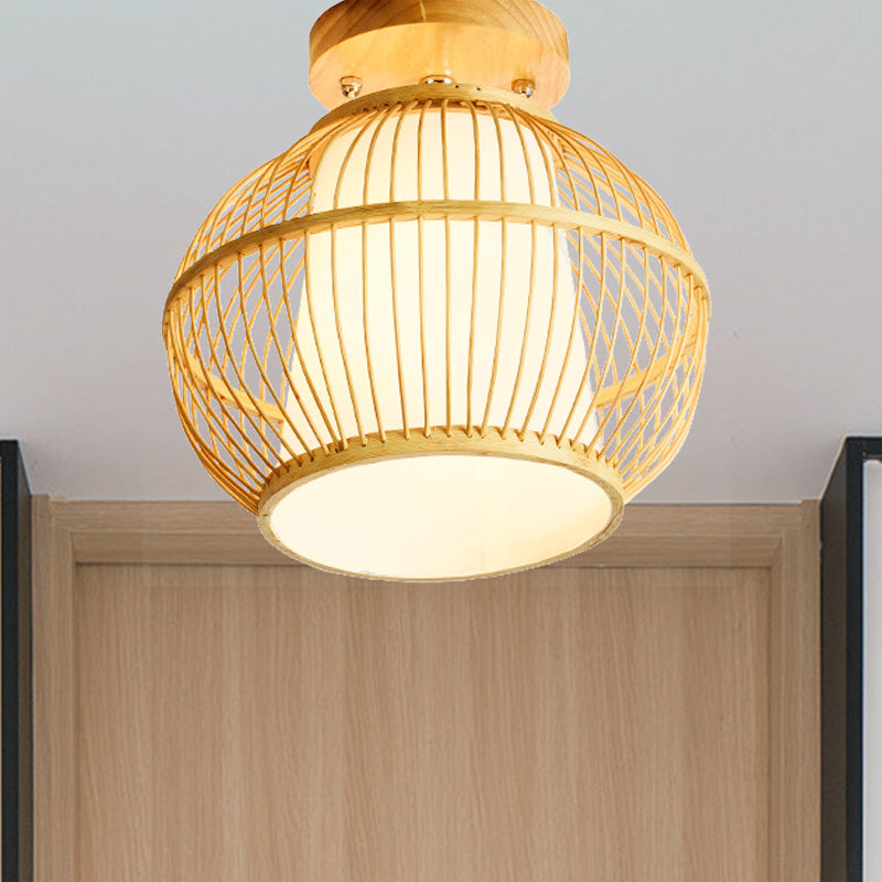 Asian 1 Head Semi Flush Light Wood Spherical Ceiling Mounted Fixture with Bamboo Shade