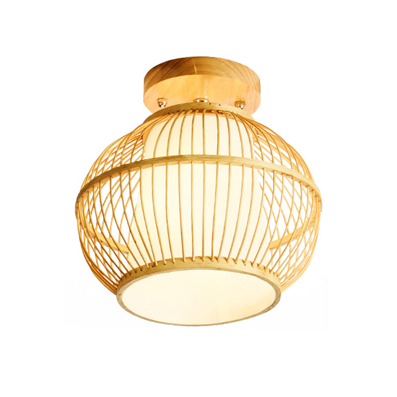 Asian 1 Head Semi Flush Light Wood Spherical Ceiling Mounted Fixture with Bamboo Shade