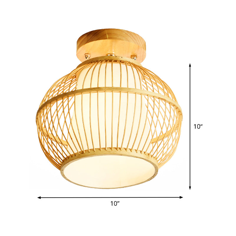 Asian 1 Head Semi Flush Light Wood Spherical Ceiling Mounted Fixture with Bamboo Shade