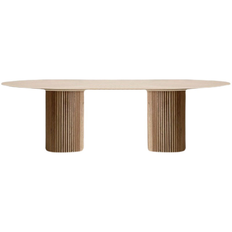 Oval Double Pedestal Minimalist Dining Table Wood Color Fixed Table of Solid Wood