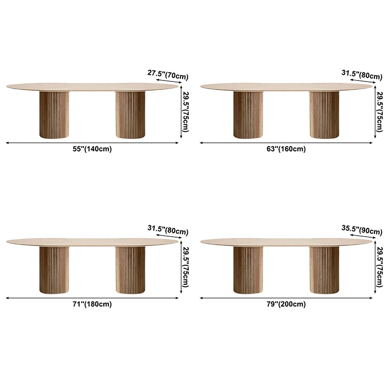 Oval Double Pedestal Minimalist Dining Table Wood Color Fixed Table of Solid Wood