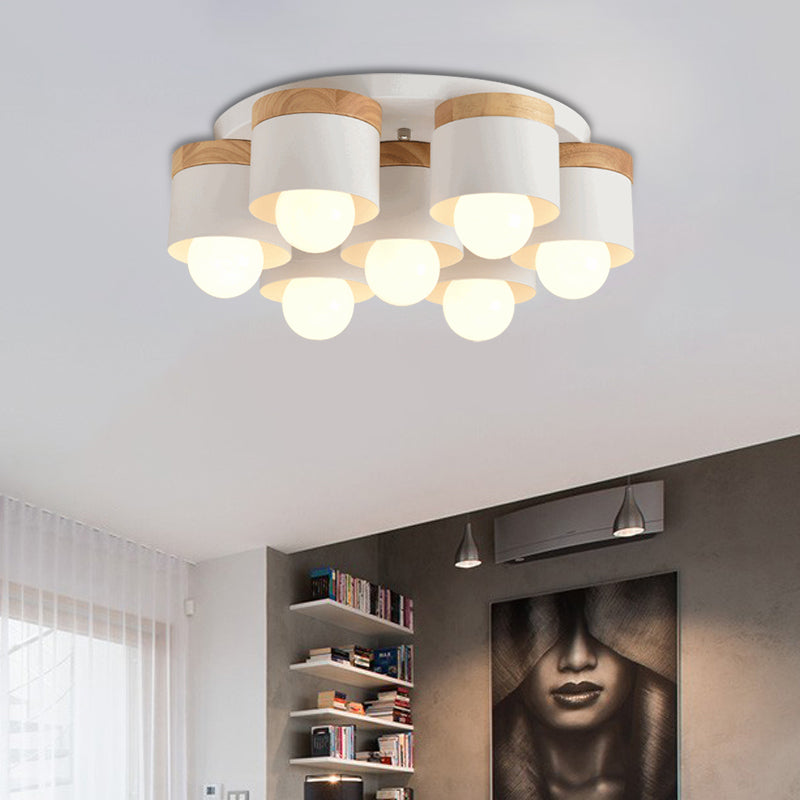 3/7 Heads Cylinder Ceiling Lights Flush Mount Modern Metal Wooden Ceiling Fixture for Indoor