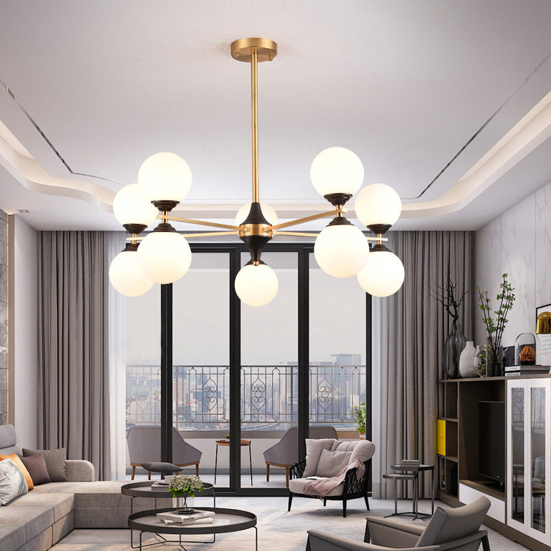 White Glass Chandelier Lighting Fixture Modern Gold Frame Chandelier Pendant Light for Living Room