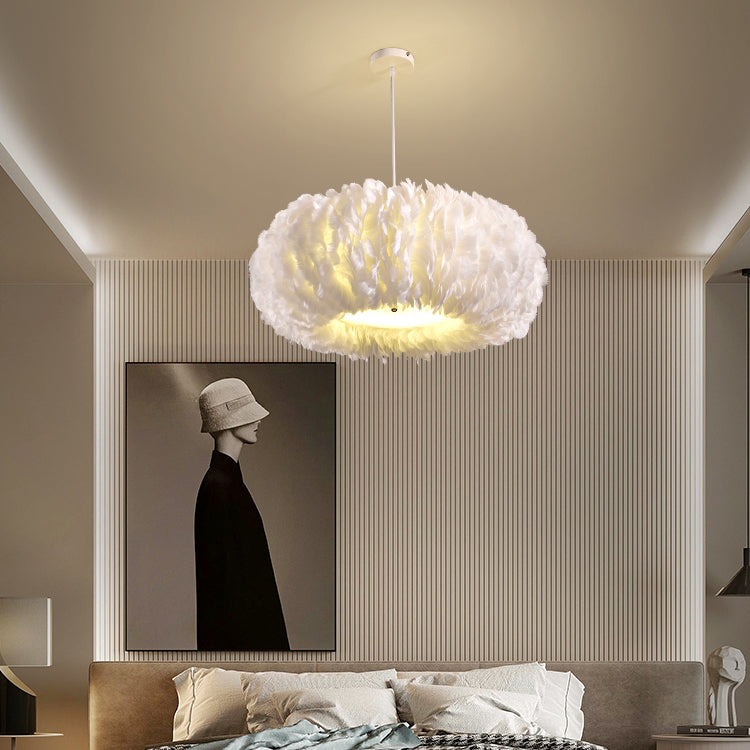 Bedroom Feather Pendant Lamp Nordic Style Round Shape Feather Hanging Chandelier Lamp