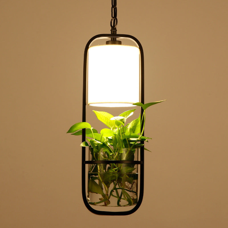 Industrial Cylinder Pendant Lamp 1 Light Metal Hanging Light Fixture Without Plants in Black