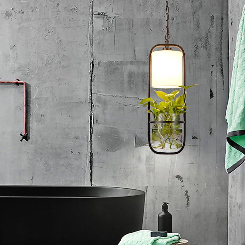 Industrial Cylinder Pendant Lamp 1 Light Metal Hanging Light Fixture Without Plants in Black